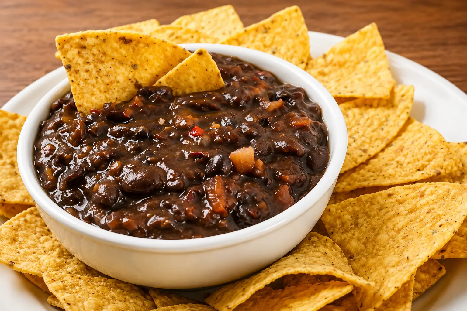 Totopos and beans with homemade salsa at La Taqueria Winnipeg, MB
